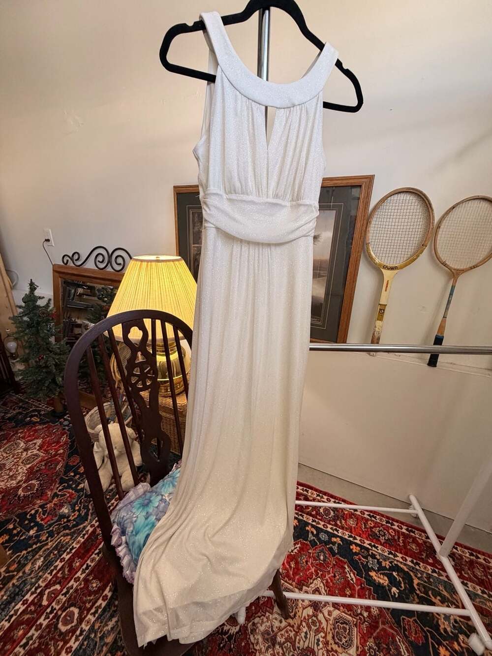 Classy White Sparkle Glitter Long Dress Halter Formal Wedding Prom Evening Gown